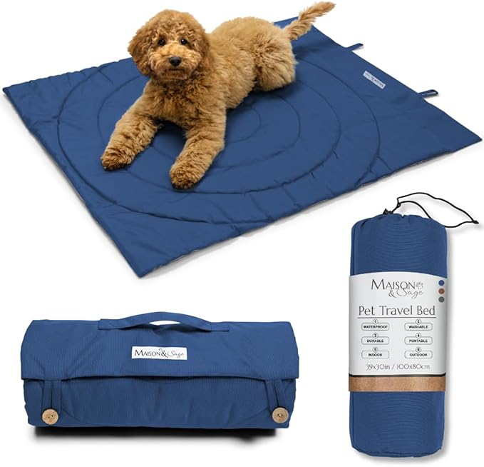 Dog Travel Mat - Portable Waterproof Foldable Dog Bed for Home, Car, Crate & Outdoor - Washable Roll Up Pet Mat for Medium & Large Dogs (39"x30") - Includes Carry Bag