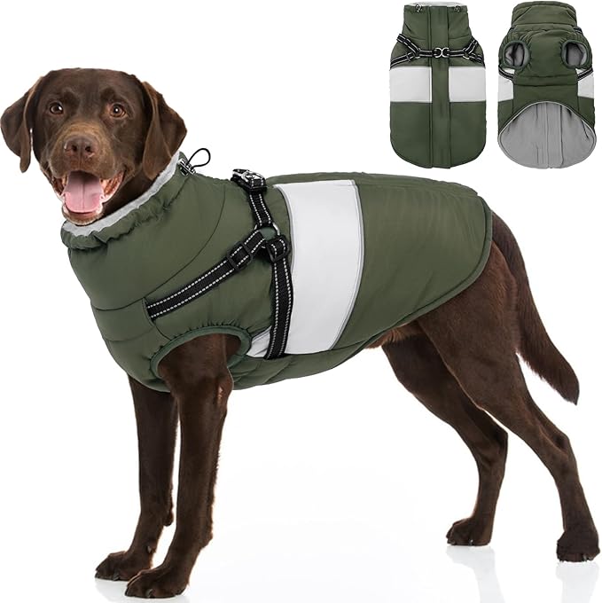 Dog Jacket, Large Dog Coat with Harness Built in, Warm Pet Winter Jacket Zippered Snow Coat with Furry Collar, Waterproof Fleece Snowsuit for French Bulldog, Army Green L