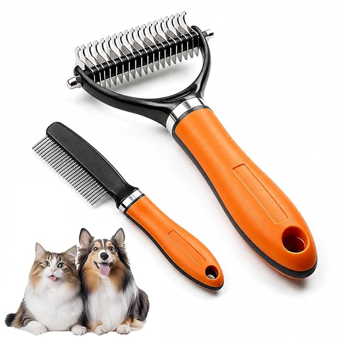 Pet Grooming Brush Tool, Double Sided Dematting Comb for Cats & Dogs, Undercoat Rake Dog Deshedding Brush, Pet Dematting Comb for Long Thick Haired Pets, Removes Tangles Knots and Loose (#2Orange)