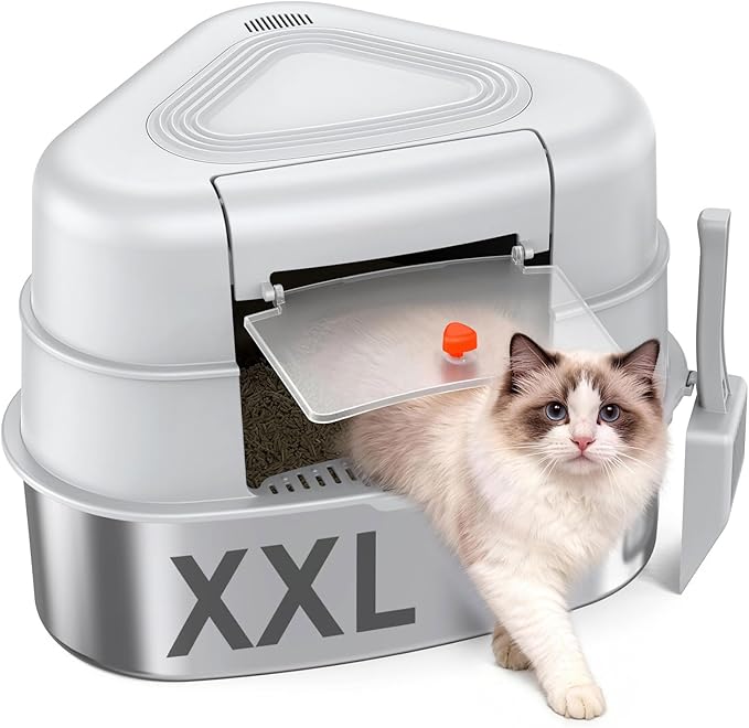 Chumajor XXL Stainless Steel Corner Cat Litter Box with Lid - Sturdy, No Odor & Space-Saving Hidden Design for Large Cats, Grey