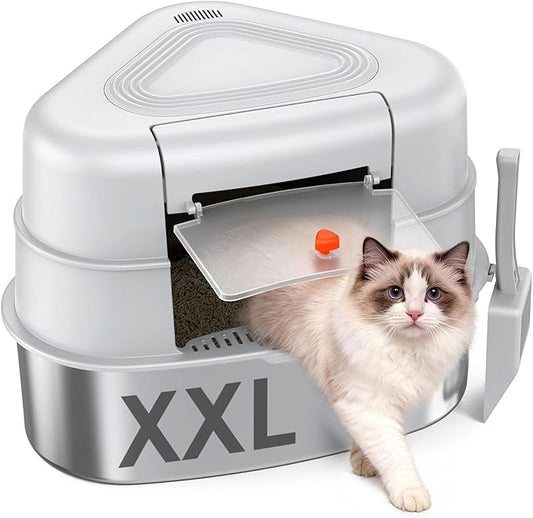Chumajor XXL Stainless Steel Corner Cat Litter Box with Lid - Sturdy, No Odor & Space-Saving Hidden Design for Large Cats, Grey