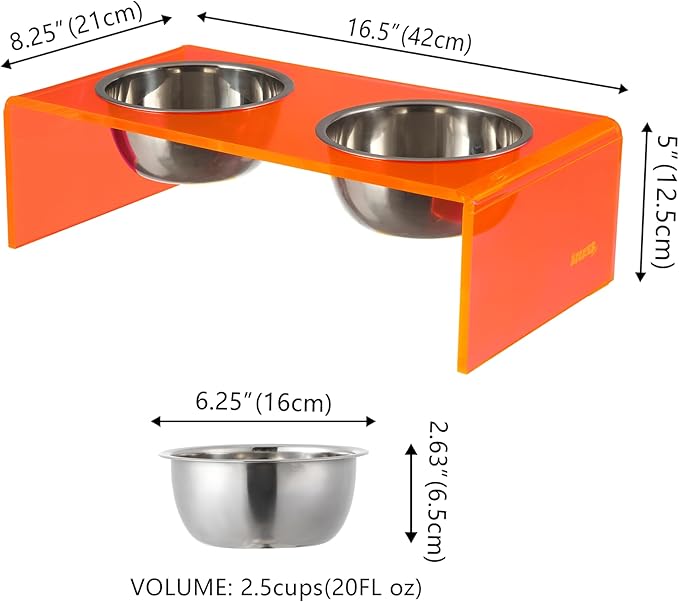 THE LICKER Store DBL2000E Keaton 5" Small/Medium Modern Acrylic Rectangular Elevated Pet Feeder with 20oz 2-Stainless Steel Bowls, Pink/Chrome