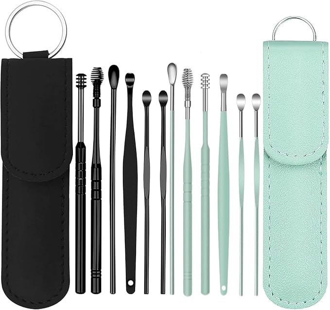 12Pcs Ear Wax Removal Kit,Ear Cleaner Tools: Mini Portable Ear Scope with Stainless Steel 360° Spiral Ear Massage Cleaning Tool for Adults Kids - Ear Wax Remover with Storage Box