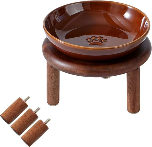 Havniva Elevated Cat Bowls Raised Ceramic Cat Bowl, 5.9” Wide Opening Cat Food Bowl Whisker Friendly Cat Dish Anti-Slip with Wood Stand, Shallow Pet Food & Water Bowl for Indoor Cats