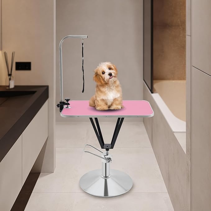 Hydraulic Pet Grooming Table with Adjustable Arms, 360 Degree Table Top Swivel Maximum Load 220 lbs Professional Pet Grooming Table, 34in Hydraulic (Pink,Rectangular)