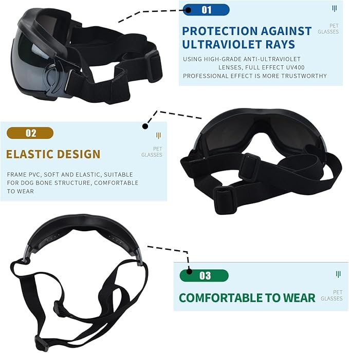 SANPLMG Dog Soft Cute Sunglasses,Pet Goggles,Flexible Frame,Wind Proof,Dust Proof,Eye Protection,with Adjustable Straps,for Medium Dogs,for Long Snout Dogs Cycling,Ski,Motorcycle (1Pack)(Black/Gray)