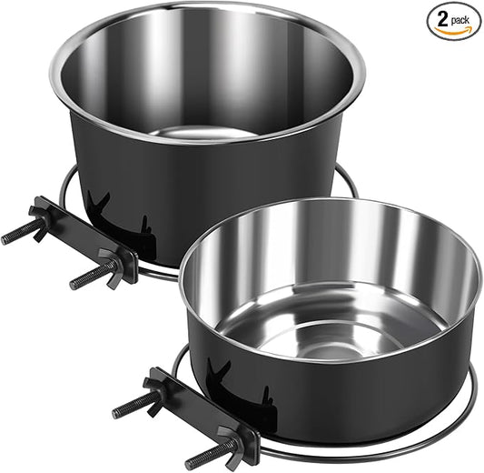 2 Pcs Black Large Pet Dog Food Water Bowl for Cage Stainless Steel Non-Spill Kennel Hanging Cats Bowls with Clamp Holder Crate Feeder Dish for Medium Large Dogs Huge Pets (7.1x3.7'' & 7.1x2.5'')