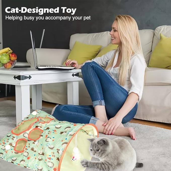 SYCOOVEN Cat Tunnel Bag for Indoor Cats, Pet Collapsible Tunnel Crinkle Sack Bag with 1 Little Mouse & Toy Ball, Crinkle Paper Interactive Cat Toys Hide and Seek(Green Pattern)