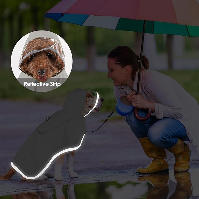 Lukovee Dog Raincoat - Lightweight Hooded Dog Rain Coat for Large Medium Small Dogs, Adjustable Poncho Jacket with Reflective Stripes & Built-in Storage Pocket (Gray, X-Small)