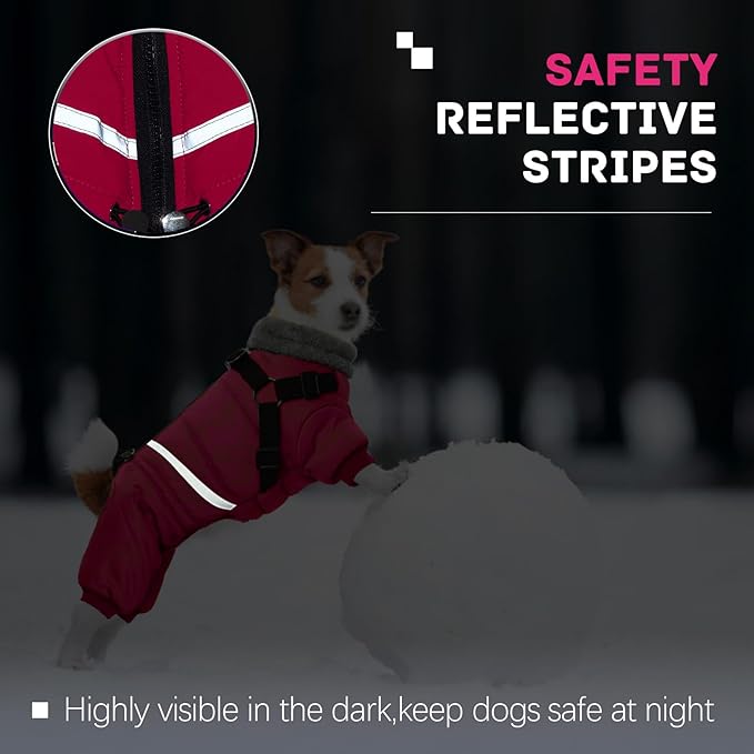 BRKURLEG Dog Winter Coat with Harness Built in, Winter Dog Jacket for Small and Medium Dogs, Small Dogs Snowsuit Reflective Windproof Cold Weather Coat, Puppy Warm 100% Polyester Coats, Hot Pink, M