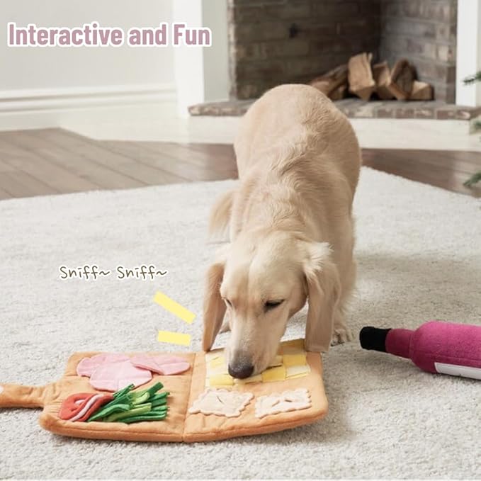 Dog Snuffle Mat Slow Feeding Mats Sniffing Puzzle Toys Interactive Burrow Activity Hide and Seek Enrichment Toys for Foraging Training Dog Gifts for Small Medium Large Dogs (Menu Set with Wine Bottle)