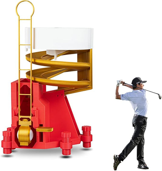 Golf Ball Dispenser, Golf Ball Launcher Pro, Automatic Golf Ball Dispenser & Launcher Pro, High-Capacity Hands-Free Practice Machine, Funnel Included(Gold+Red+White)