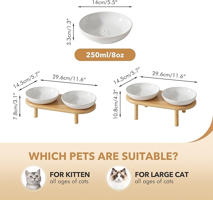 Havniva Elevated Cat Bowls Raised Ceramic Cat Bowl, 5.9” Wide Opening Cat Food Bowl Whisker Friendly Cat Dish Anti-Slip with Bamboo Stand, Shallow Pet Food & Water Bowl for Indoor Cats