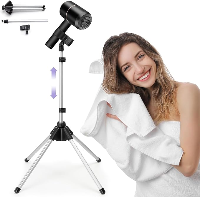 Shouken Adjustable Hands-Free Hair Dryer Stand Holder-59 inches,360 Degree Rotation,Blow Dryer Holder Countertop With Non-Slip Tripod and Universal Clip,Adjustable Height Countertop Blow Dryer Holder