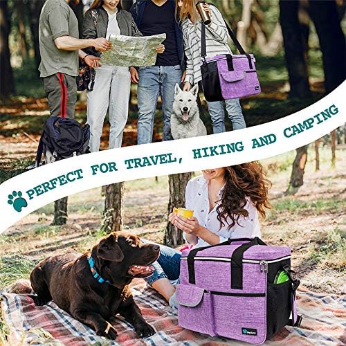 PetAmi Dog Travel Bag, Travel Pet Bag Organizer, Dog Food Travel Bag with Container Collapsible Bowls, Pet Travel Supplies Gift Accessories for Weekend Camping, Puppy Cat Diaper Bag, Purple Large