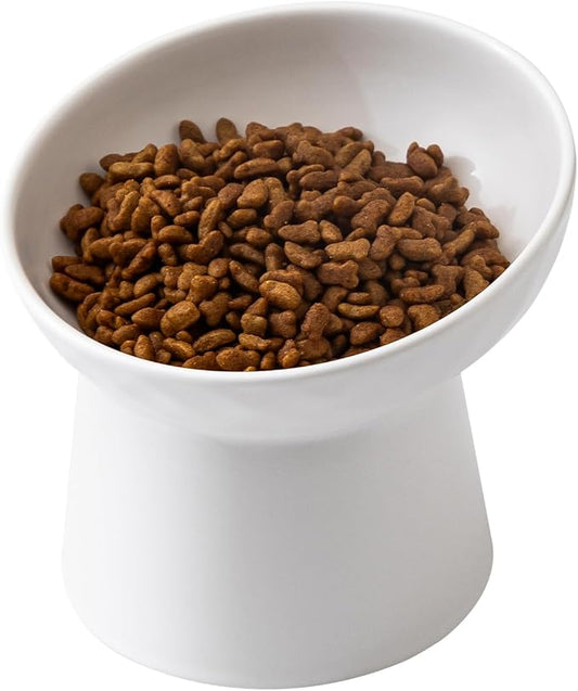 Ceramic Raised Cat Bowls - Elevated Tilted Cat Food and Water Bowls, Anti Vomiting and Protect Pets' Spines Pet Feeding Dish for Cats, Dishwasher Microwave Safe (1 x Bowl - White)