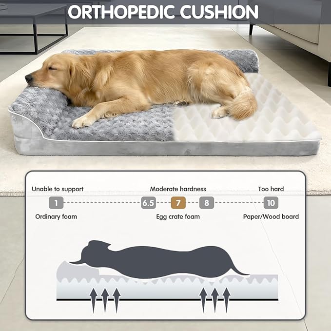 Orthopedic Dog Bed with Pillows,Large Memory Foam Dog Bed Sofa for Medium Large Dogs,Waterproof Washable Cover, Non-Slip Bottom,42x30x7.5Inch Supportive Pet Bed Couch,Light Grey
