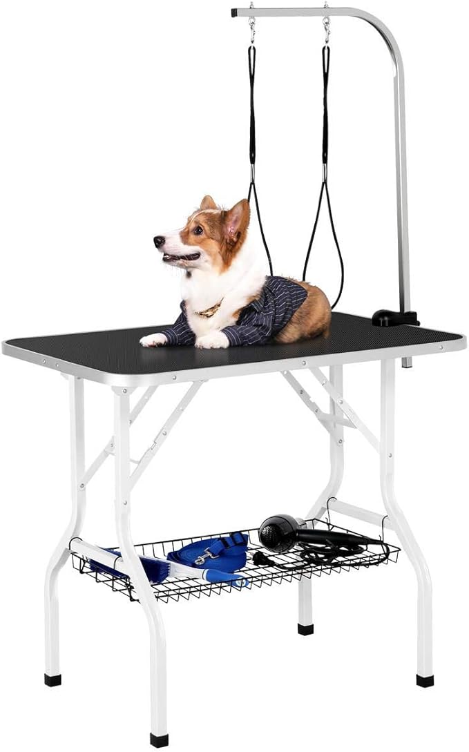 Topeakmart Folding Dog Grooming Table - Professional Pet Cat Trimming Table w/Adjustable Arm Clamp/Noose/Mesh Tray L36in x W24in x H30in Black Maximum Capacity Up to 220lbs