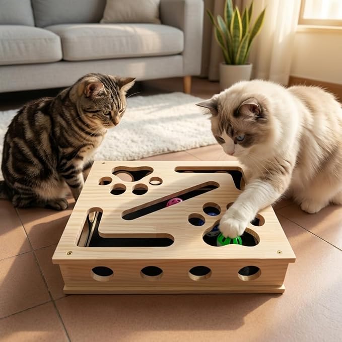 Cat Scratch Puzzle Enrichment Box, Large Solid Wood Cat Nail File Box with Sandpaper and 3 Bell Balls, Stress Free Alternative to Clippers & Grinders, Interactive Cat Toy for Indoor Cats Claw Care (A)
