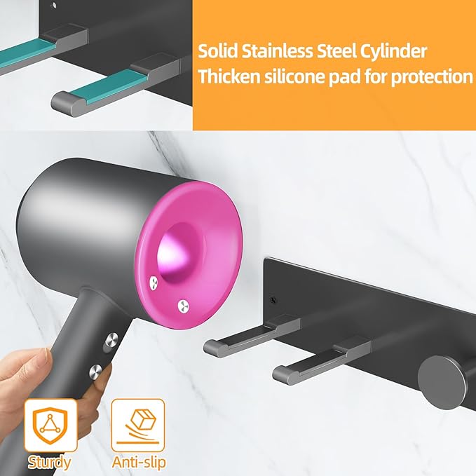 XIGOO Hair Dryer Holder Wall Mounted with 4-Adsorption, Self Adhesive Blow Dryer Holder for Power Plug, Diffuser and Nozzles Accessories Organizer, Matte Black