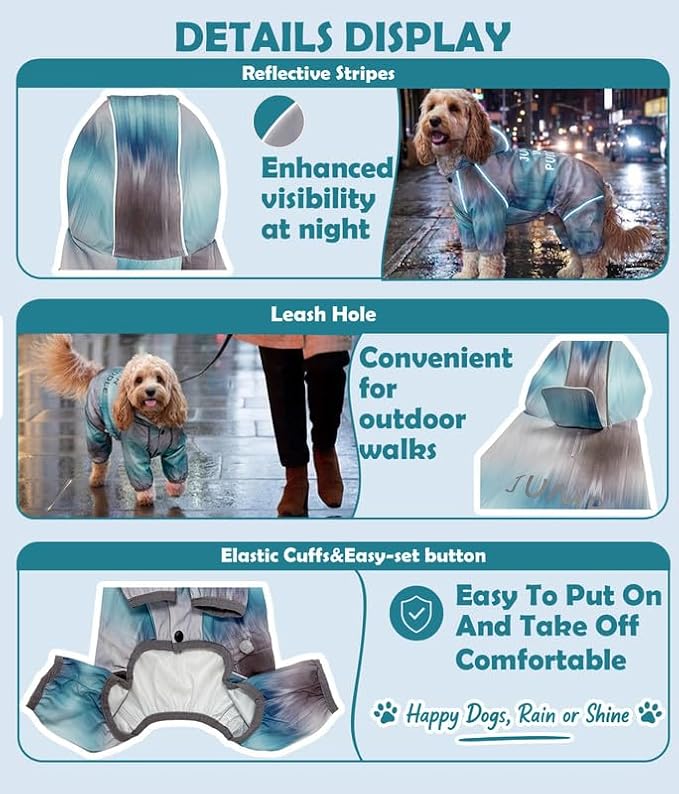 Dog Raincoat with Hood, Full Coverage Dog Rain Suit, Puppy Rain Jacket for Small Dogs Outdoor Use, Glacier Blue Size L