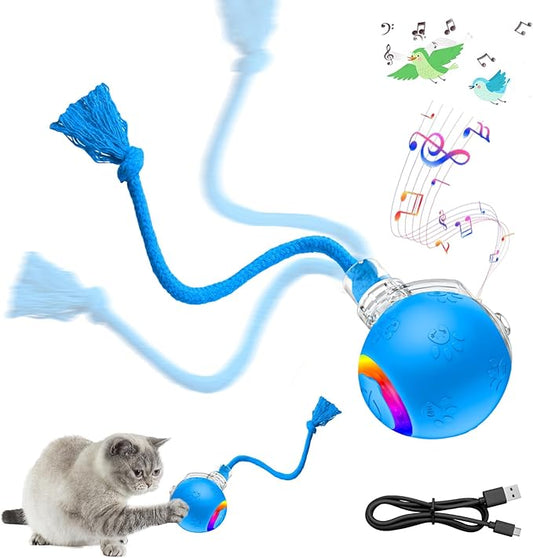 2-in-1 Automatic Moving Ball Cat Toy with Teaser Wand - Interactive Self-Moving Toy with Bird Sounds & LED Lights, Rechargeable Motorized Play for Indoor Cats to Chase, Exercise(Blue)