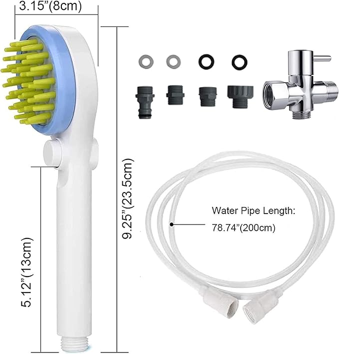 Dog Shower Sprayer 2 - in - 1 Pet Bathing Tool with Silicone Massage Brush and Hose - Gentle Hair Combing, Water Flow Control for Dogs & Cats Grooming and Bathing (Blue)