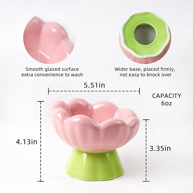DIF DECO Ceramic Raised Cat Bowl, Pink Elevated Food Bowls for Food and Water Protecting Spine and Whiskelfriendly,Tulip Shape Cute Pet Feeder Dish for Indoor Cats and Small Doas(Height 4.1 inch)