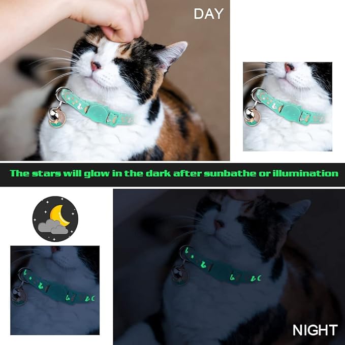 Baeuppit 2PCS Breakaway Cat Collars with Bell Cute Kitty Glow in The Dark Adjustable Kitten Collars 7.9-13.0 Inch(Teal&Black)