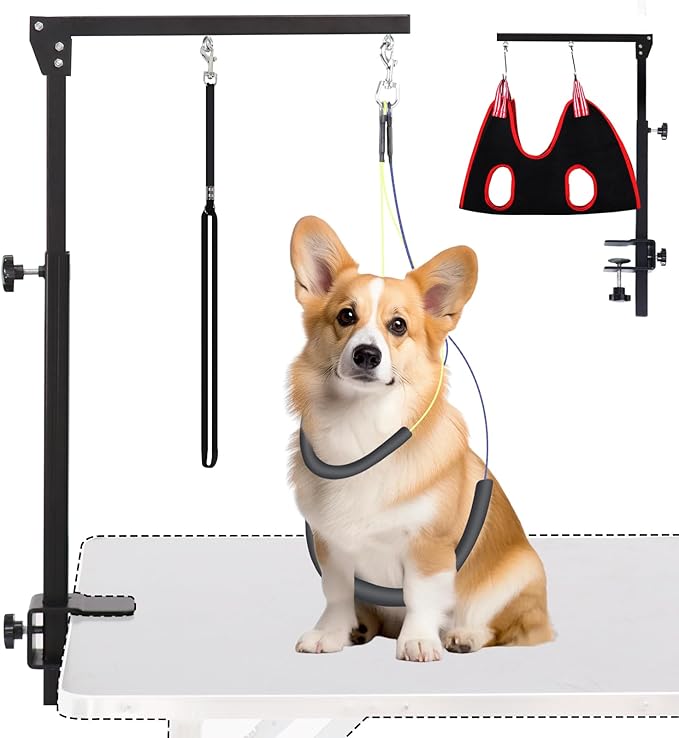AGESISI Dog Grooming Arm with Clamp, Heavy Duty Pet Grooming Table Arm with Grooming Hammock, Loop Noose & Two No-Sit Haunch Holder, 36" Height Adjustable for Medium & Small Pets, Black
