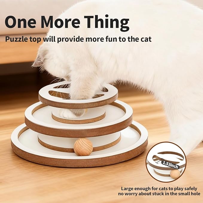 Lulu's world Cat Ball Track Toy,Natural Wooden Kitty Toys Roller,3-Level Tower with Puzzle Top,Fully Assembled Interactive Fun Toy for Kitten Mental Physical Exercise-11-Inch
