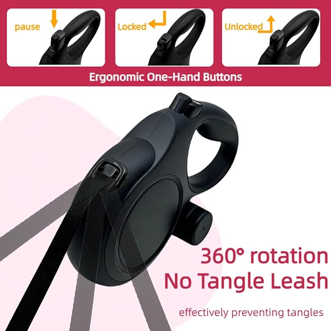 26ft Retractable Dog Leash for Large Dogs with Poop Bag Holder,Heavy Duty Retractable Dog Leash with Chew Proof Extender,One-Hand Lock System,Impact-Resistant,Up to 110 lbs (Black)
