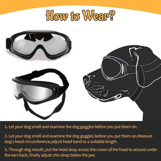 2 PCS Dog Goggles, Dog Sunglasses for Medium & Large Breed, Anti-UV Eye Protection Pet Glasses for Outdoor Hiking (Silver and Clear)