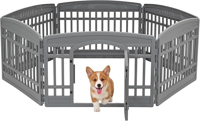 IRIS USA 24" Dog Playpen 6-Panel Pet Exercise Pen with Door Gate 61x61x24 Puppy Play Pen Indoor Outdoor Plastic Heavy Duty Foldable Portable Pet Fence for Small Medium Dogs Puppies Multiple Pets Gray
