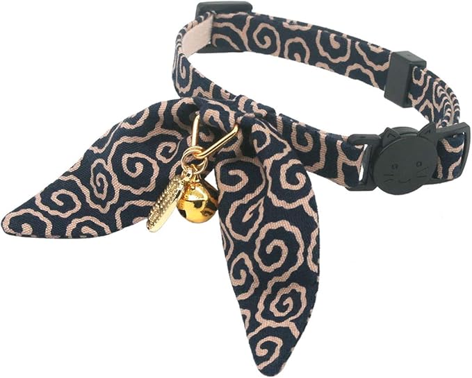 Bunny Ears Cat Collar, Japan Lucky ‘開三運’ Charm. Safety Breakaway Bowtie Kitten Collar with Bell, Navy Blue