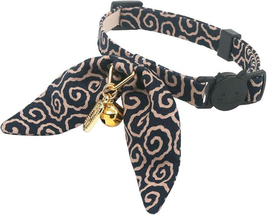 Bunny Ears Cat Collar, Japan Lucky ‘開三運’ Charm. Safety Breakaway Bowtie Kitten Collar with Bell, Navy Blue