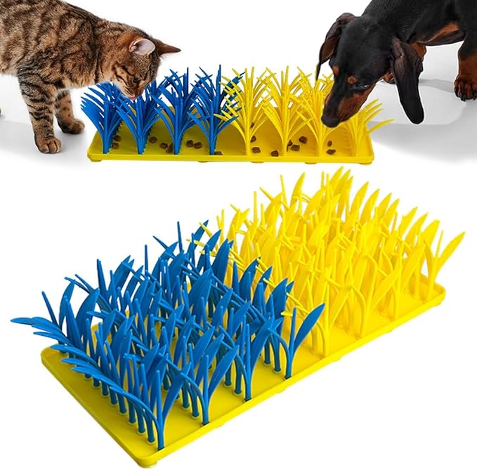 Silicone Grass Mat for Cats & Dogs, Snuffle Mat for Dogs Cats, Slow Feeder Dog Bowl, Interactive Sniff Foraging Mats for Dog Cat Pet, Nosework Training Foraging Pad- Blue & Yellow1