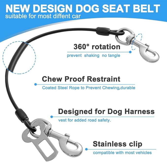 Dog Seat Belt Harness for Car,2pcs Dog Seatbelt of Coated Wire Leash Safety Restraint,No Chew Tether Cable Vehicle Dogs Accessories,Double Clips & Latch (2 Pack Black, 16 inch/40 CM)