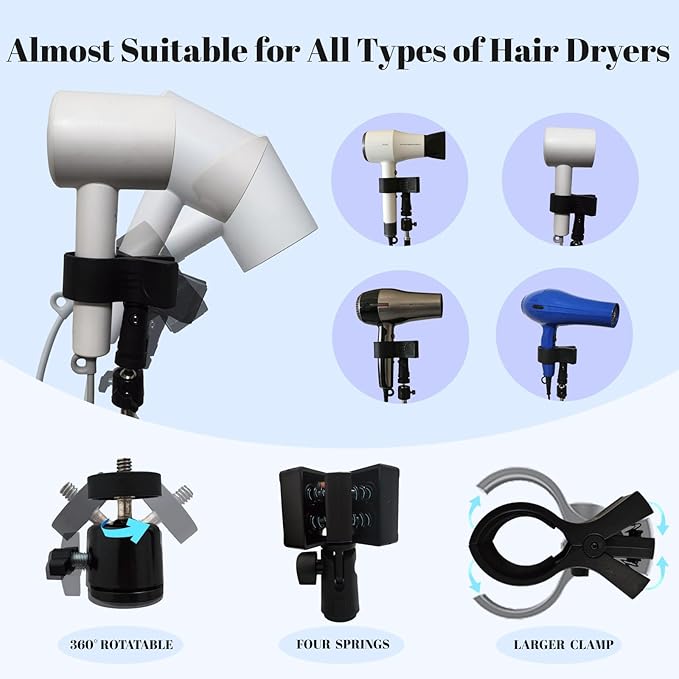 Hair Dryer Holder Stand, Hands Free Blow Dryer Stand with Clamp, Adjustable Height & 360° Rotating Hair Dryer Stand for Home & Salon Styling, Foldable & Stable