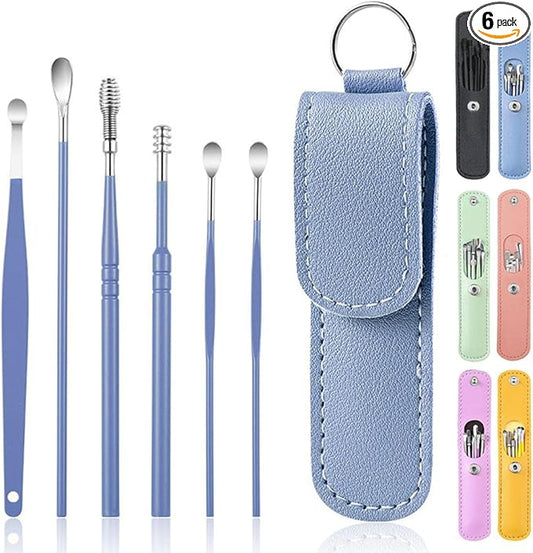 6 Pcs Ear Pick Ear Wax Removal Kit, Ear Cleansing Tool Set, Ear Curette Cleaner, 360° Spiral Design Ear Canal Cleaner Stainless Steel, with a Storage Box Portable Kit for Home and Travel(Blue)