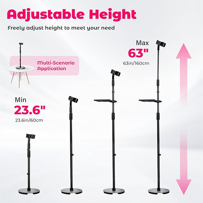 Hands-Free Hair Dryer Stand Holder with Strong Suction Base-63in/160cm Height Adjustable Floor Blower Stand Holder, 180 Degrees Rotatable Larger Clamp Countertop Blow Dryer Stand for Salons or Home Use