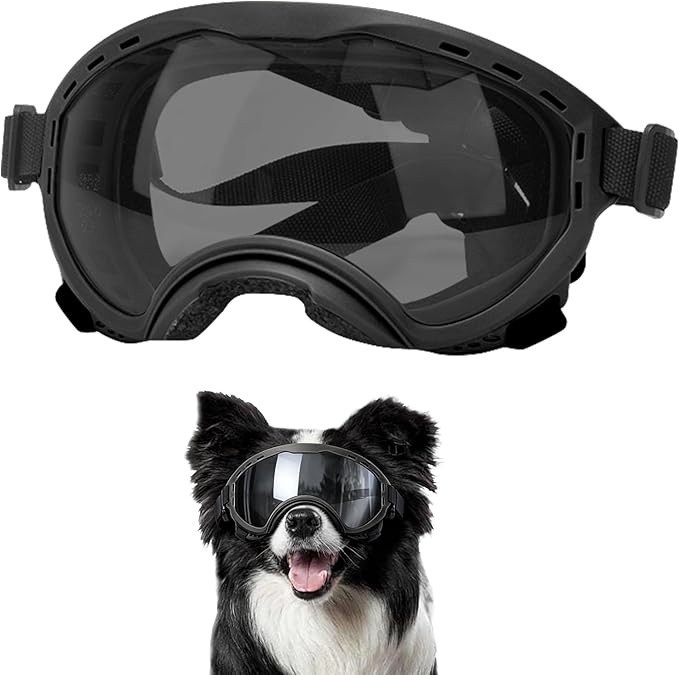 Dog Goggles for Medium to Large Breeds, UV Protection Dog Sunglasses with PC Lens, Soft TPU Frame and Adjustable Straps, Windproof Dustproof Anti-Fog Pet Eyewear for Outdoor Activities (Black Frame)