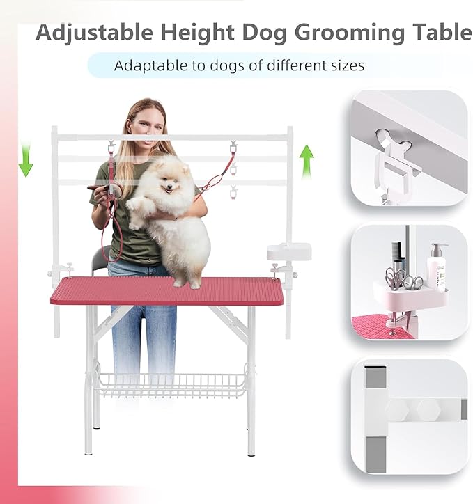 Professional Dog Pet Grooming Table Adjustable Heavy Duty Portable w/Arm & Noose & Mesh Tray (Pink, 46")
