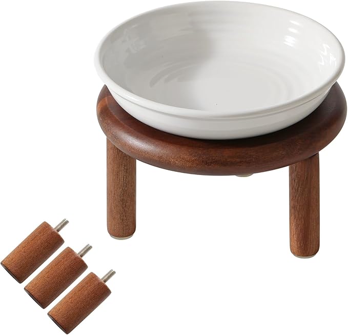 Havniva Elevated Cat Bowls Raised Ceramic Cat Bowl, 5.9” Wide Opening Cat Food Bowl Whisker Friendly Cat Dish Anti-Slip with Wood Stand, Shallow Pet Food & Water Bowl for Indoor Cats