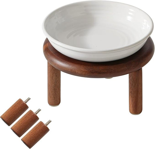 Havniva Elevated Cat Bowls Raised Ceramic Cat Bowl, 5.9” Wide Opening Cat Food Bowl Whisker Friendly Cat Dish Anti-Slip with Wood Stand, Shallow Pet Food & Water Bowl for Indoor Cats