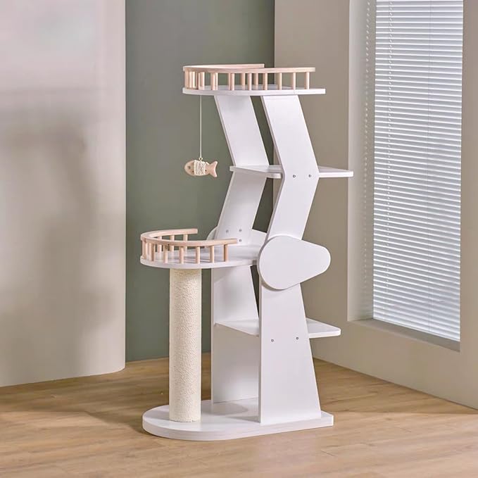 SHENGOCASE Modern Wooden Cat Tree Tower for Window Viewing Watching, 54.3 Inches Tall, 5-Level Large Perch Platform with Sisal Scratching Post, White