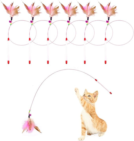 6 Pack Cat Feather Toy, Cat Toys Wand, Interactive Pet Cat Kitten Chaser Teaser Wire Wand with Bell Beads for Cat Exercise Play Fun Gifts - Wholesale