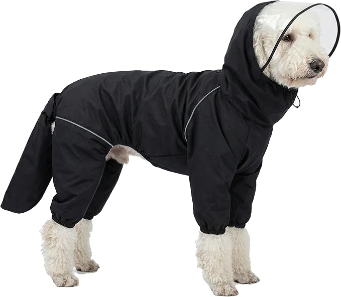 Dog Raincoat for Medium Large Dogs,rain Jacket Coat, Full Leg Coverage Waterproof Rain Suit with Detachable Hood & Tail, Reflective Strips, Snag-Free Top Zipper (Black for Girl, Large)