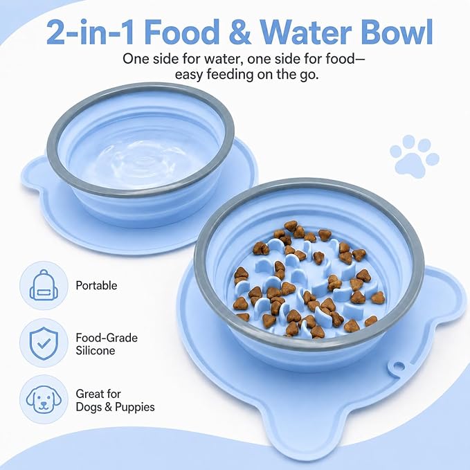Collapsible Dog Bowls, 2-in-1 Silicone Pet Food and Water Bowl with Carabiner - Portable Double Compartment Travel Dish for Dogs, Ideal for Camping, Hiking (Light Blue)