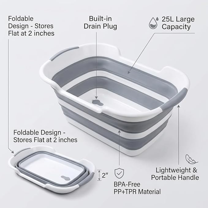 Collapsible Dog Bathtub with Drain Plug - Foldable Portable Pet Bath Tub for Small Dogs & Cats, 25L Large Travel Shower Basin, Lightweight PP &TPR Material (Grey, 23x16x11 Inches)